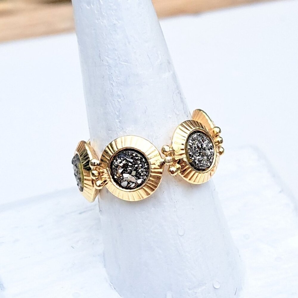 14K Yellow Gold Milor Italy Gray Druzy Medallion Link Ring - Picture 5 of 14